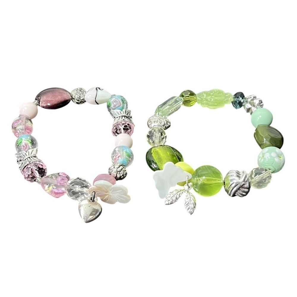 Pair of Beaded Stretch Bracelets Pink‎ Purple Floral & Green Leaf Charm Set
